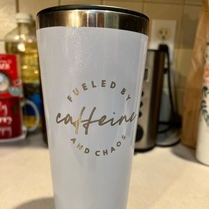 Mom life must haves fueled by caffeine and chaos purple sparkle tumbler